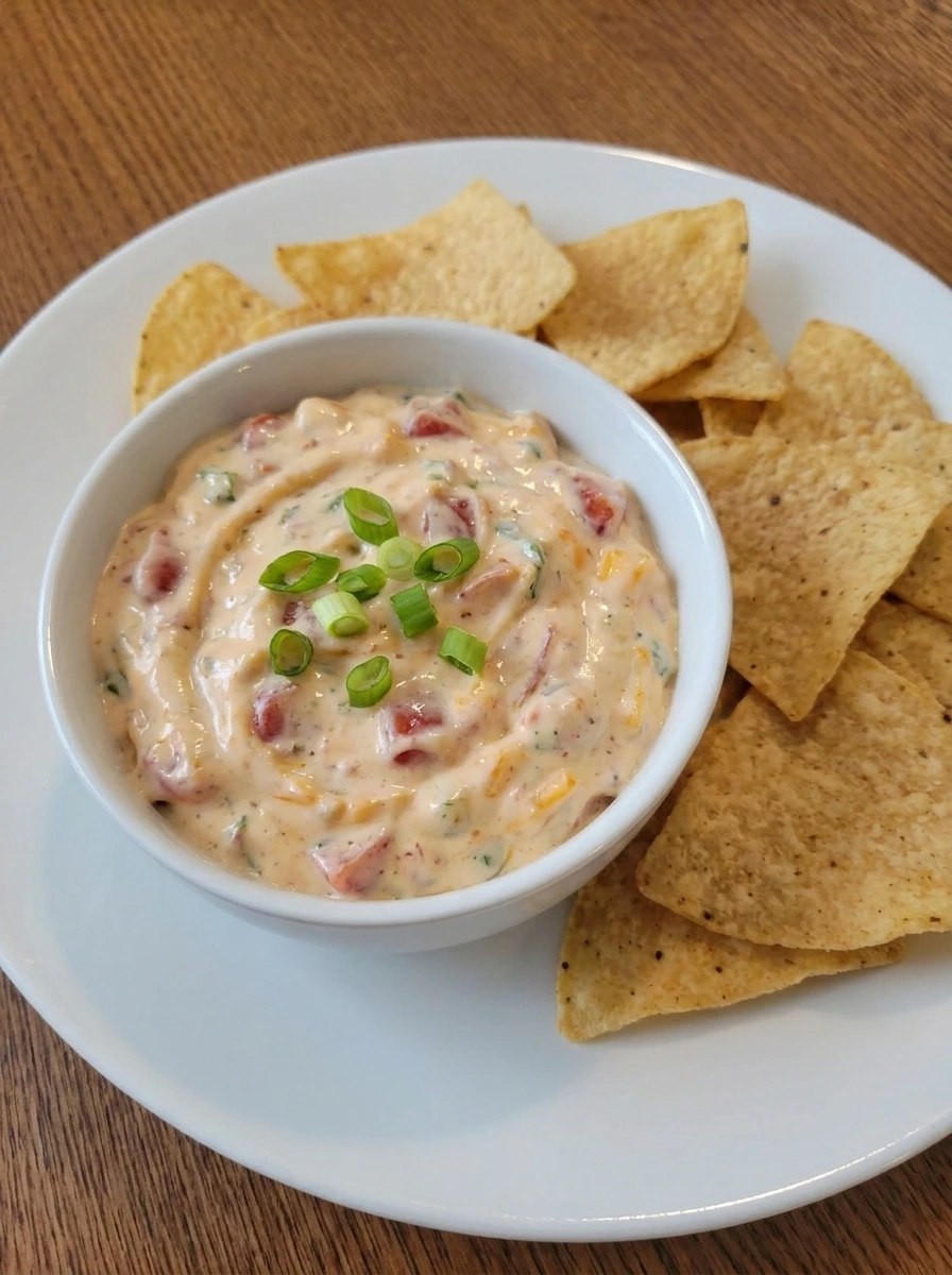 Finished Boat Dip served with tortilla chips