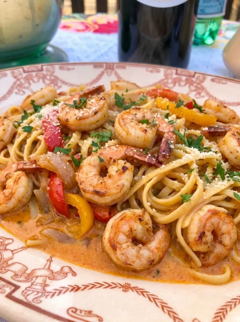 Cajun Shrimp Pasta on a white plate with creamy sauce shrimp peppers and parsley.