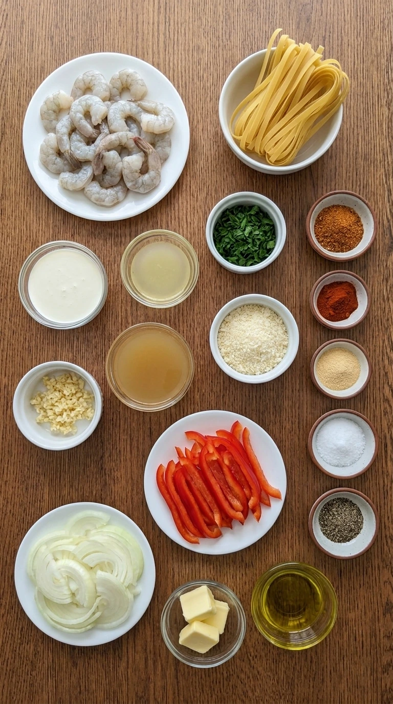 All ingredients for Cajun Shrimp Pasta arranged in separate small containers.