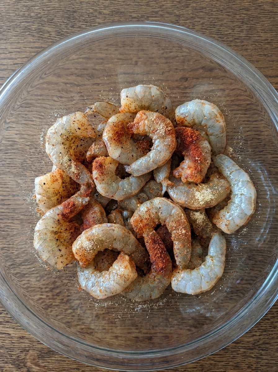 Seasoned shrimp with sliced onion and red pepper ready for Cajun Shrimp Pasta.
