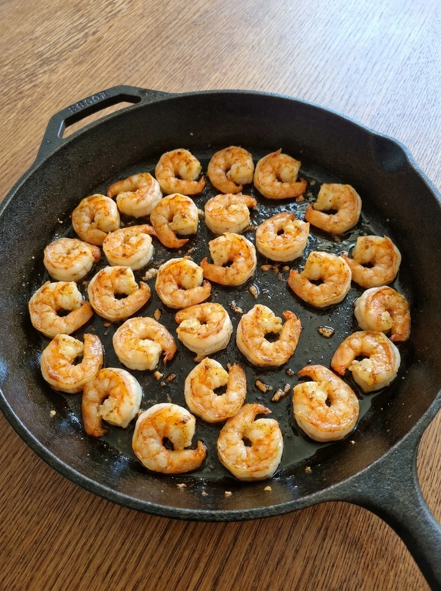 Cajun seasoned shrimp seared until opaque and lightly browned.