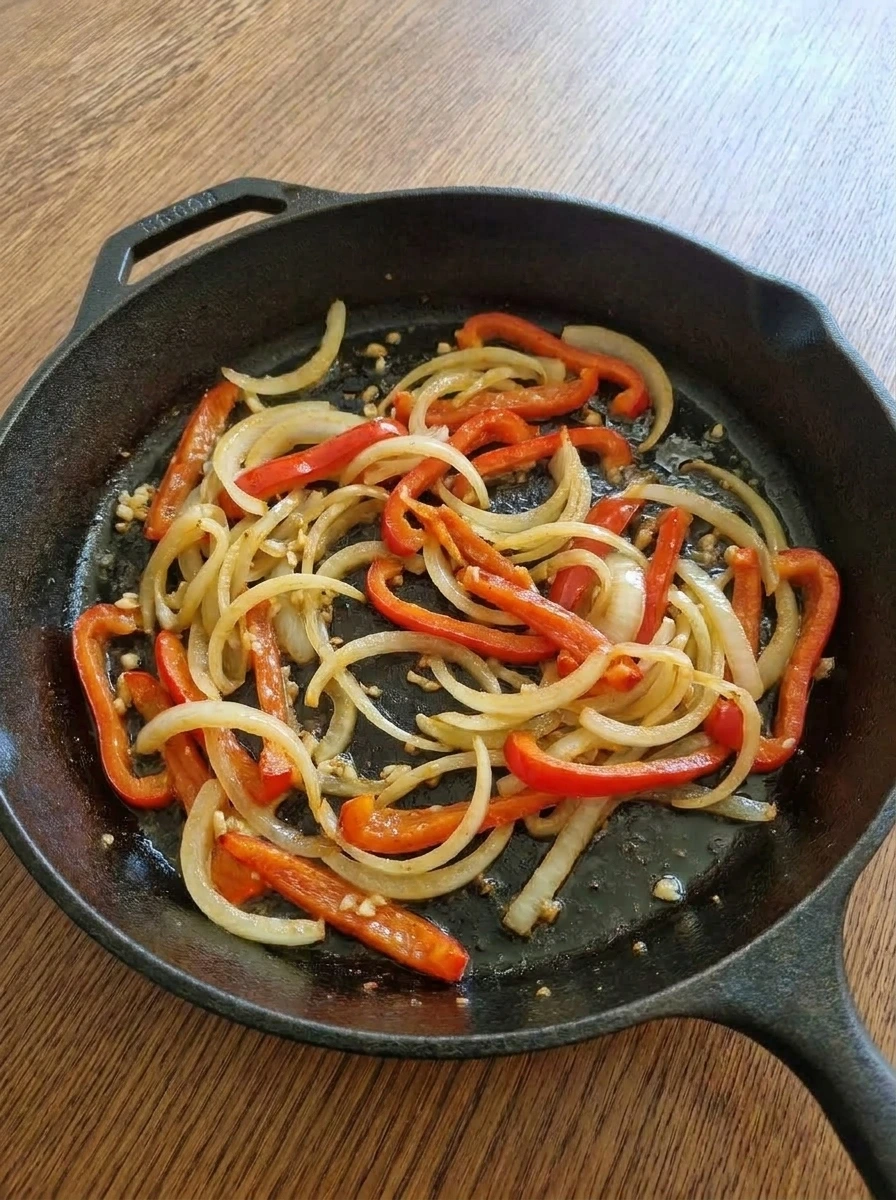 Softened onion and red pepper cooking for Cajun Shrimp Pasta.