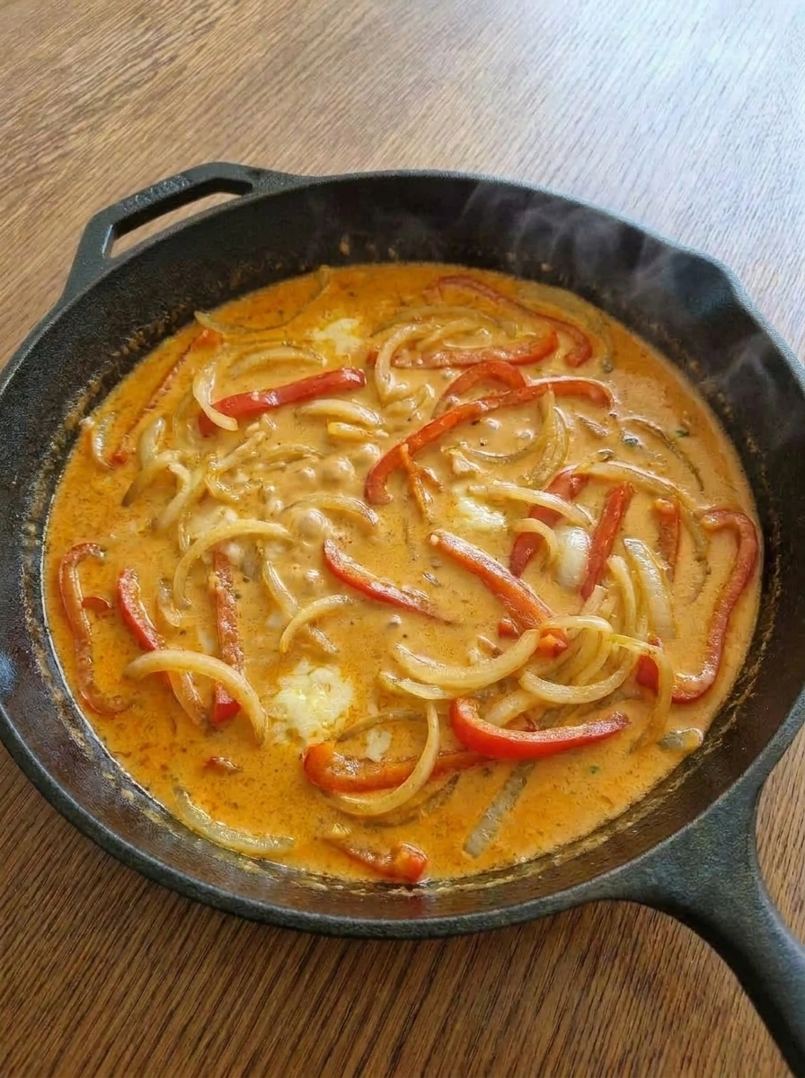 Creamy Cajun parmesan sauce simmering with peppers and onions.
