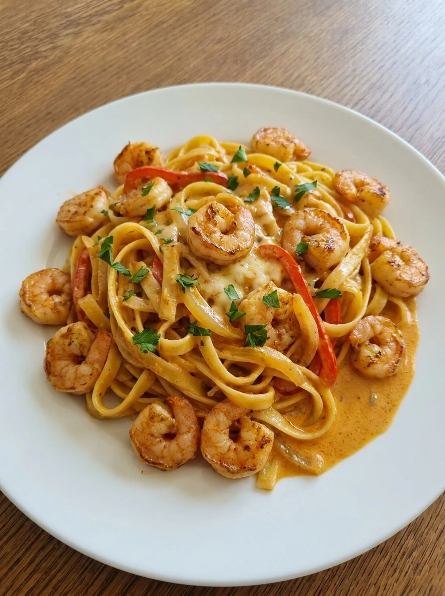 Finished Cajun Shrimp Pasta with creamy sauce shrimp peppers and parsley.