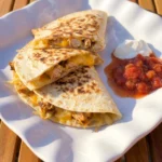 Cheesy Chicken Quesadilla cut into golden wedges on a white plate with melted cheese and salsa.