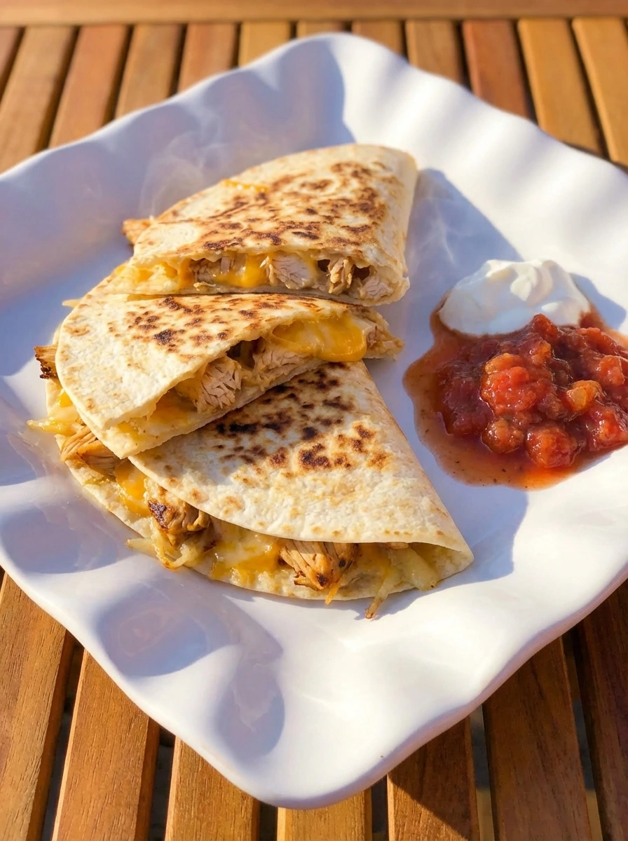 Cheesy Chicken Quesadilla cut into golden wedges on a white plate with melted cheese and salsa.