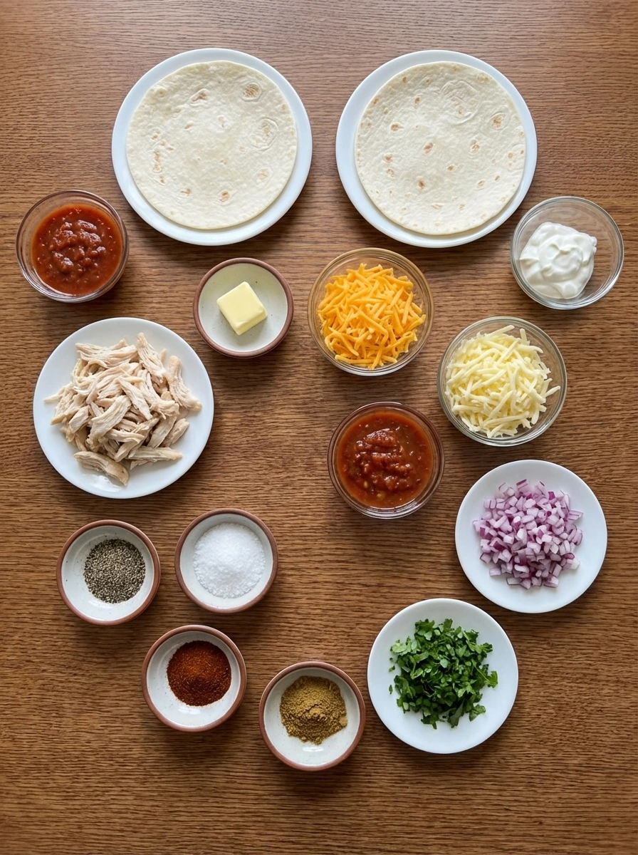 Ingredients for Cheesy Chicken Quesadilla arranged in separate containers.