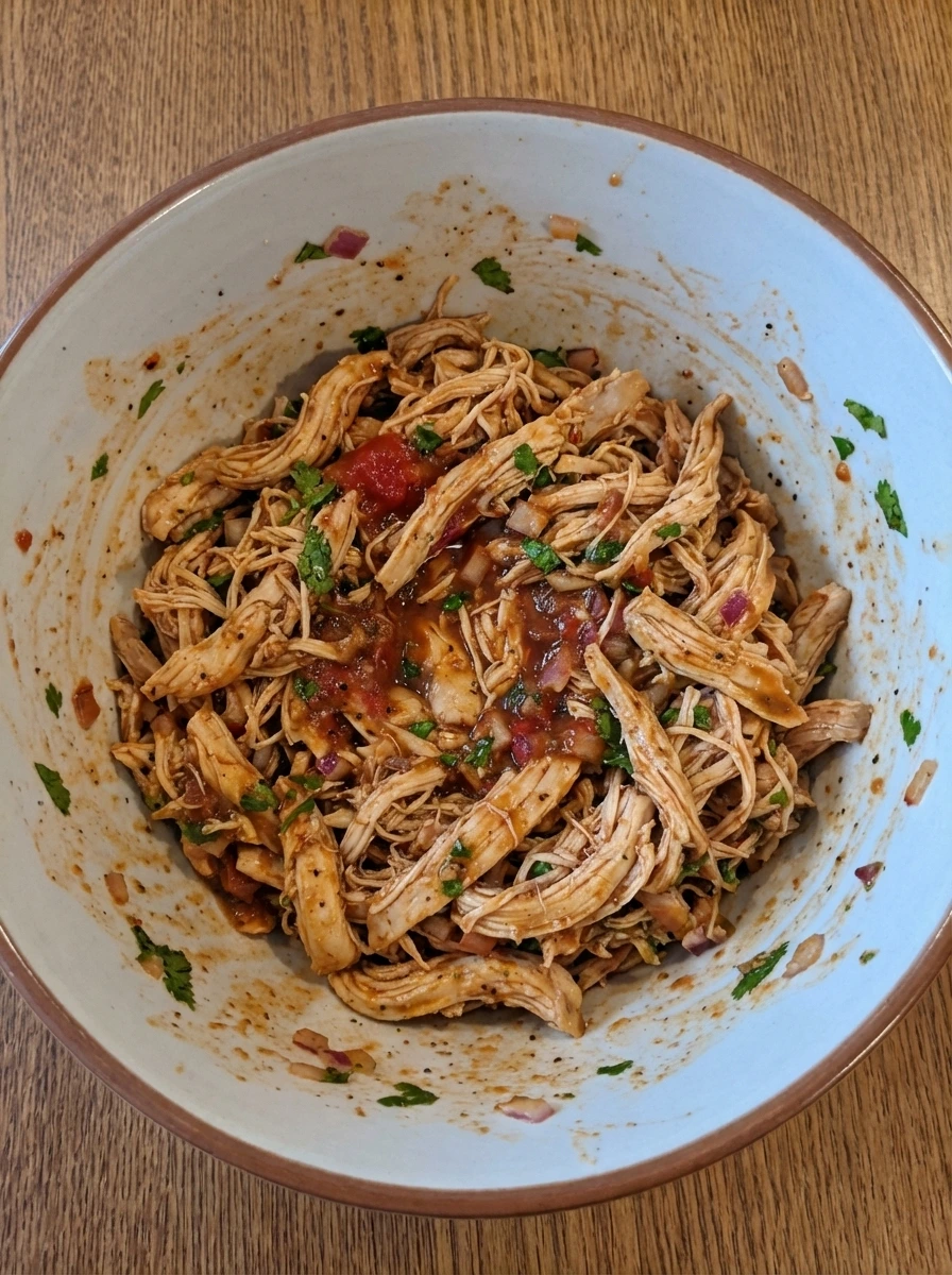 Shredded chicken mixed with salsa spices red onion and cilantro for quesadillas.