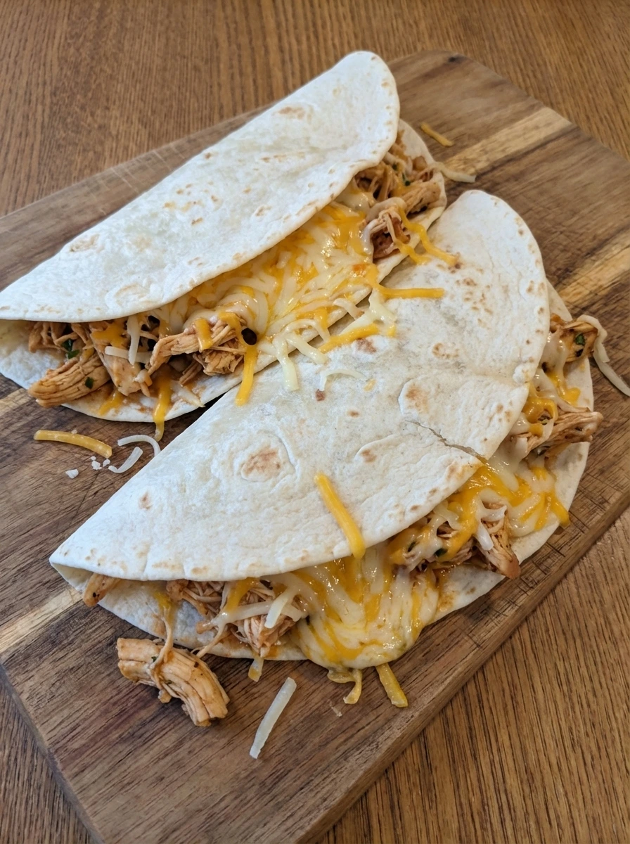 Tortillas layered with chicken filling and shredded cheese before cooking.