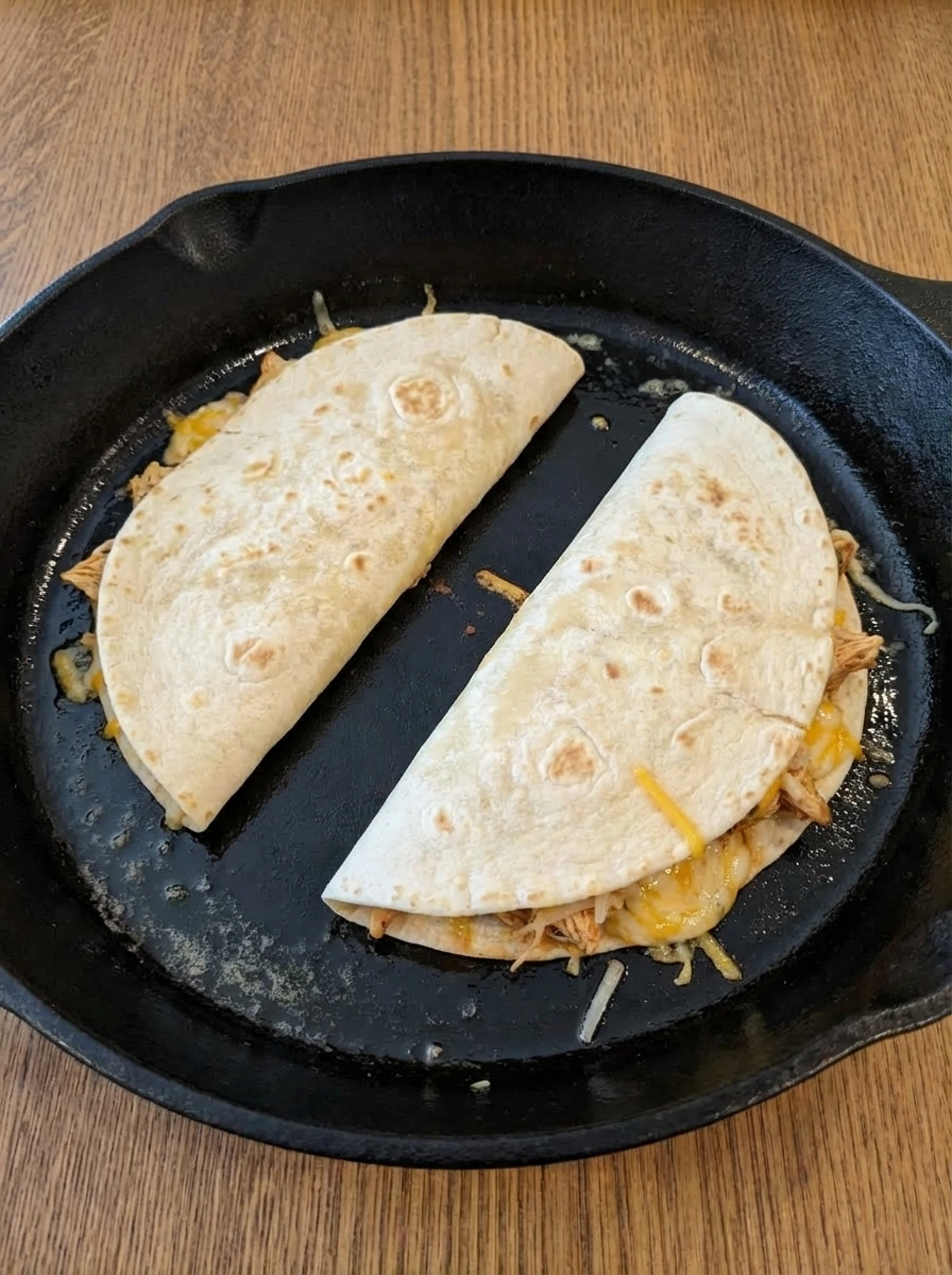 Folded chicken quesadillas cooking until the first side turns lightly golden.