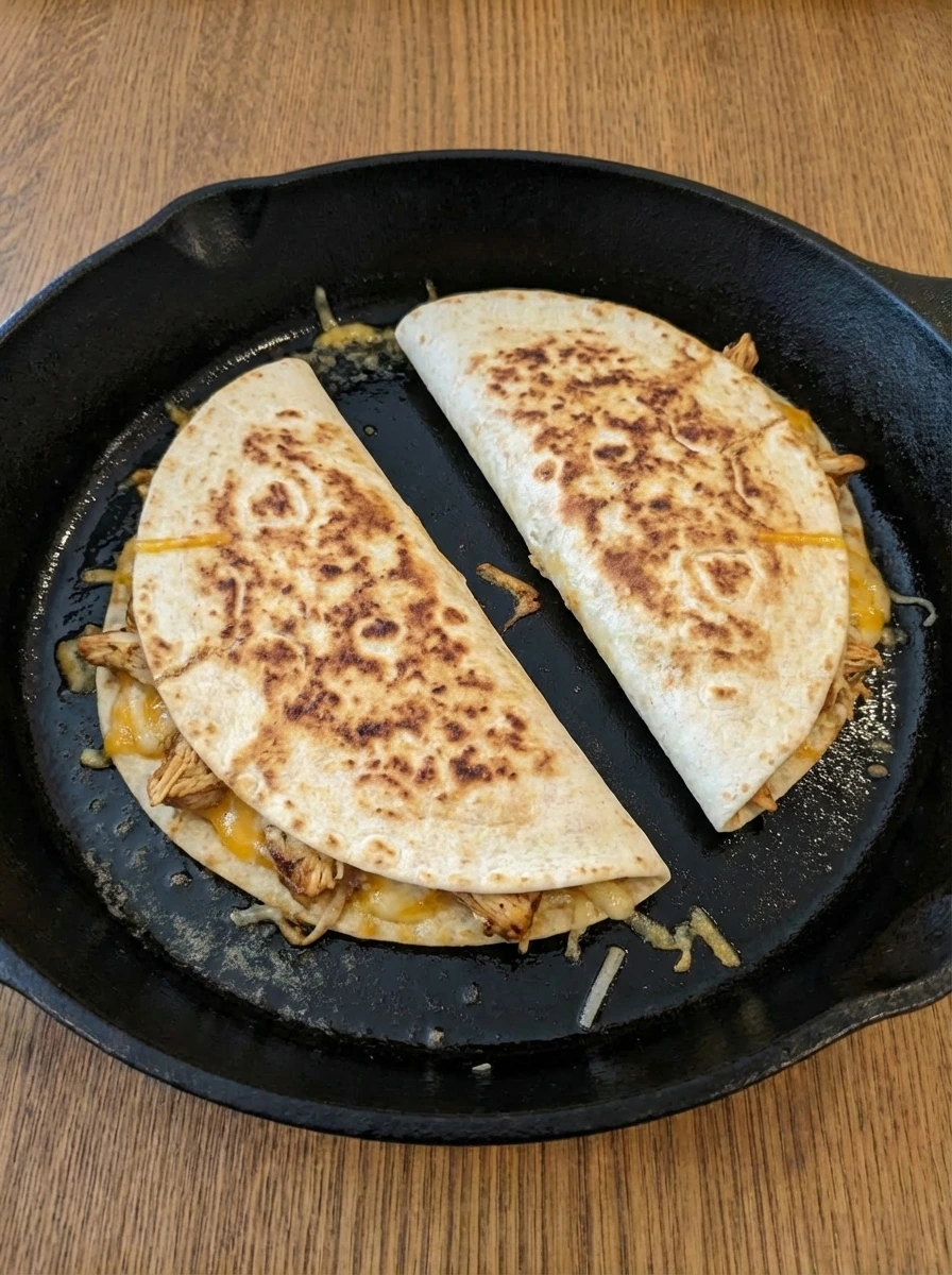 Chicken quesadillas flipped and browned on the second side with melted cheese.