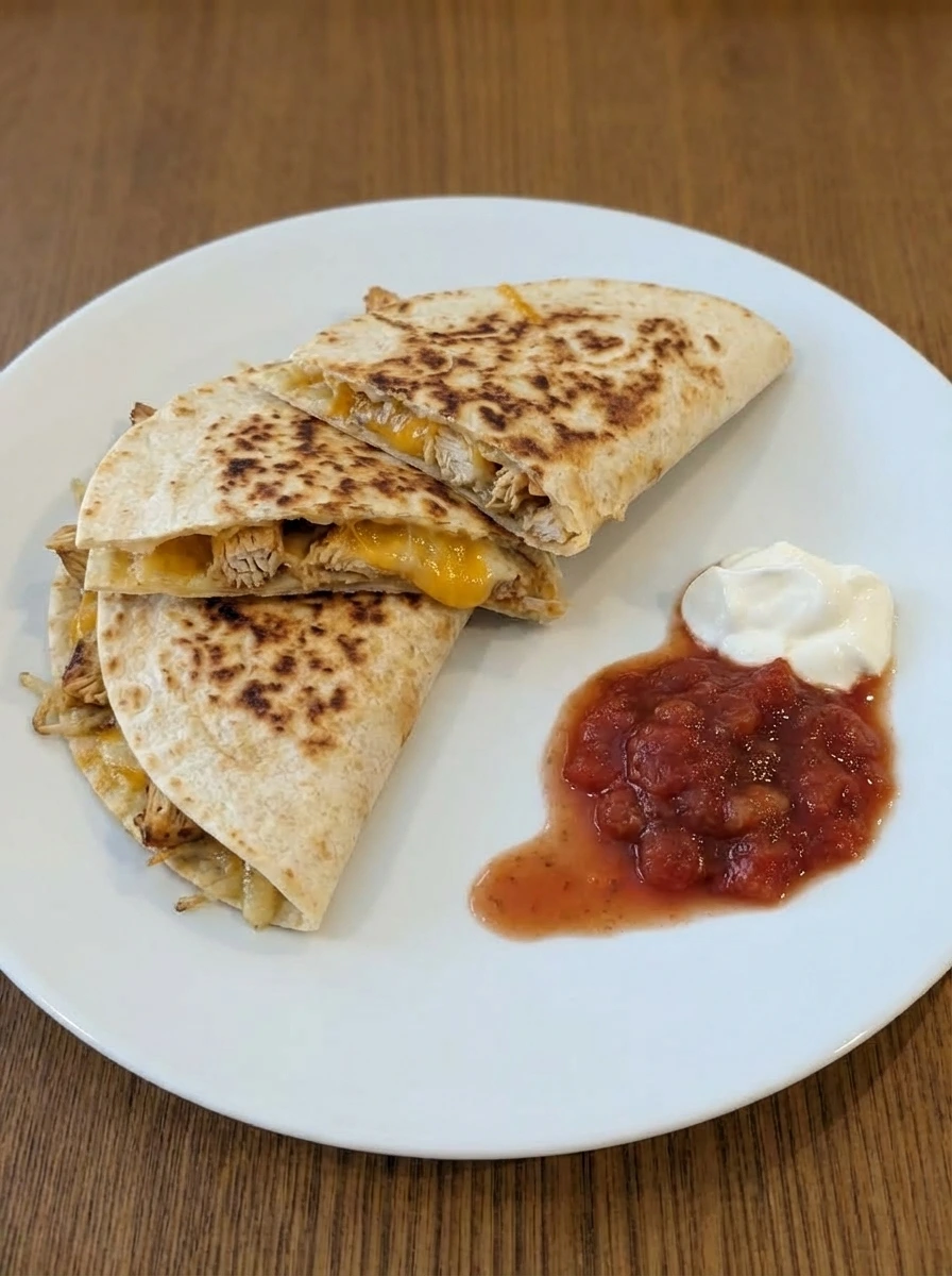 Served Cheesy Chicken Quesadilla wedges with melted cheese sour cream and salsa.
