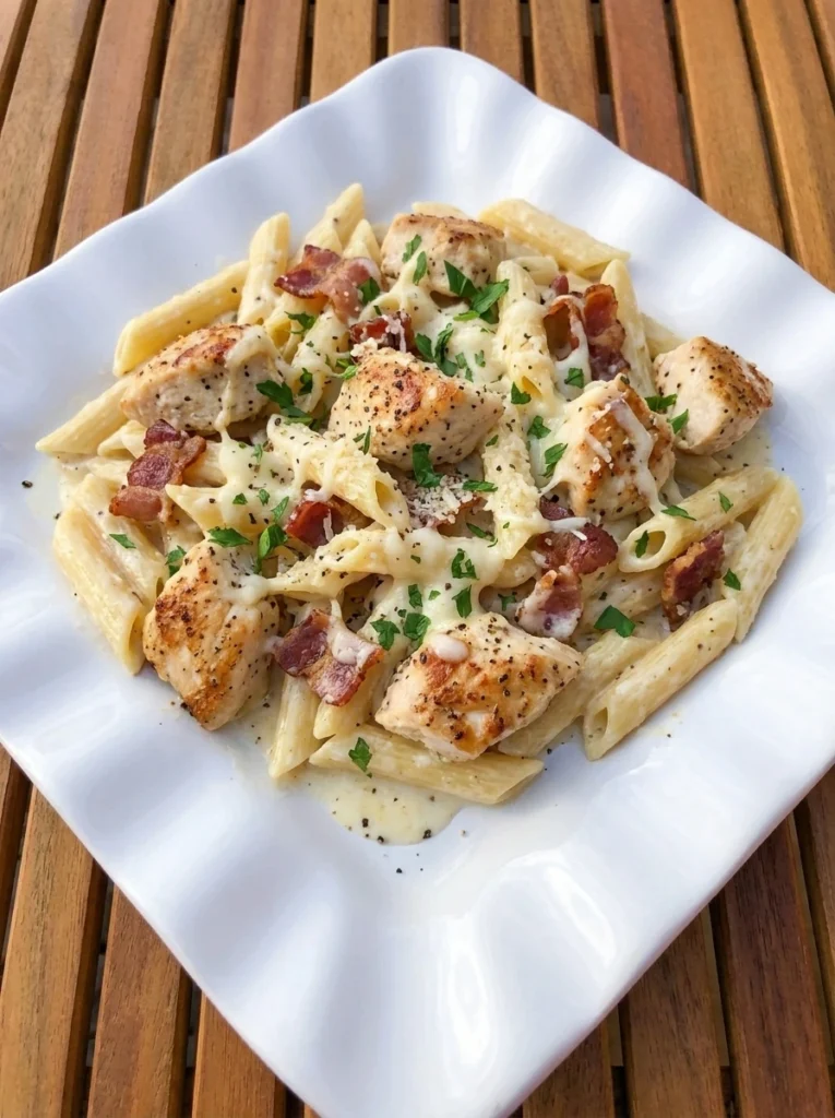Chicken Bacon Ranch Pasta served on a white plate with creamy sauce sliced chicken crispy bacon and melted cheese