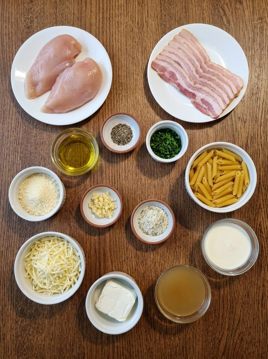 Ingredients for Chicken Bacon Ranch Pasta arranged in separate small containers