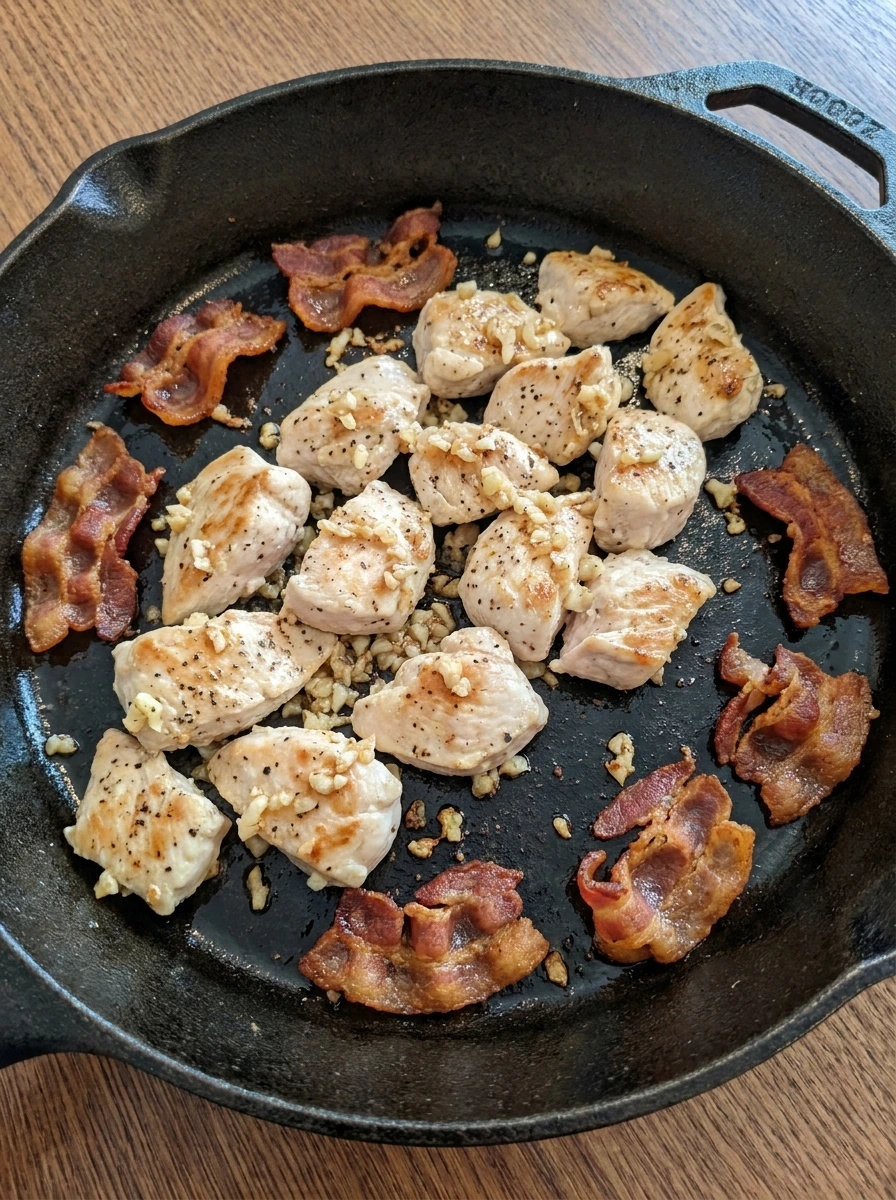Chicken and bacon browning together for Chicken Bacon Ranch Pasta