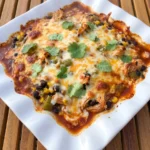 Chicken Enchilada Casserole with melted cheese and browned edges in a serving dish