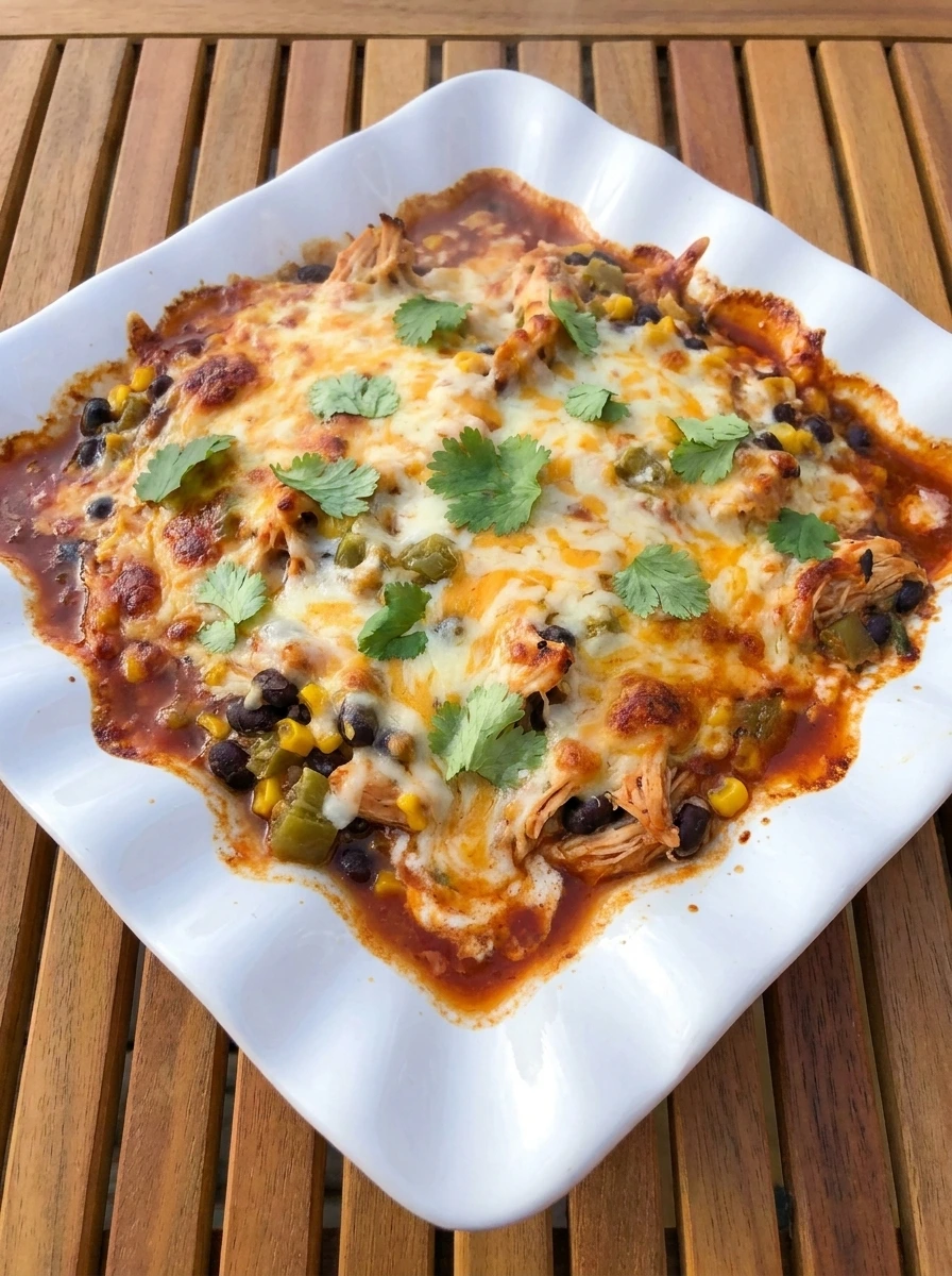 Chicken Enchilada Casserole with melted cheese and browned edges in a serving dish