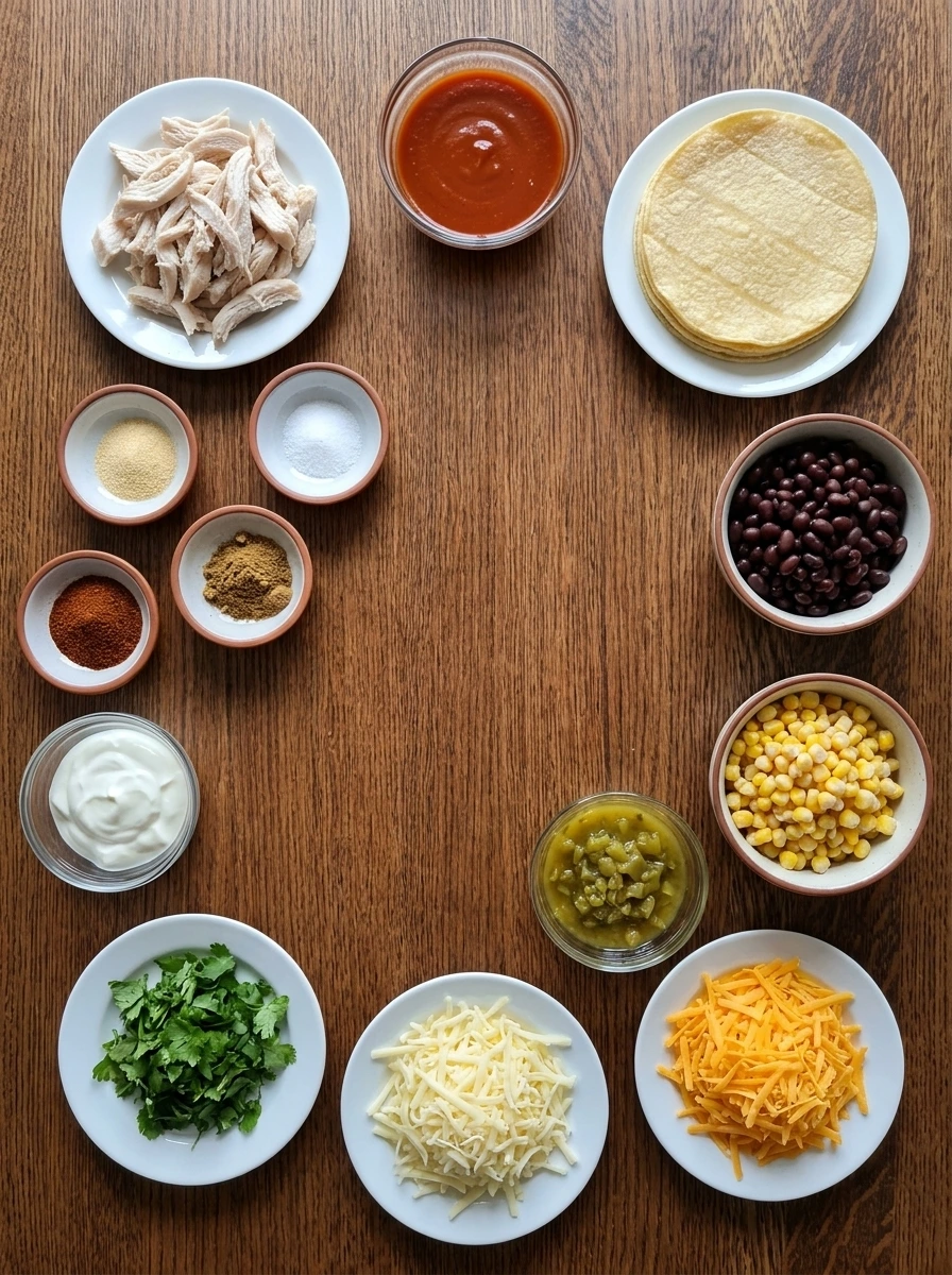 Ingredients for Chicken Enchilada Casserole arranged in separate containers