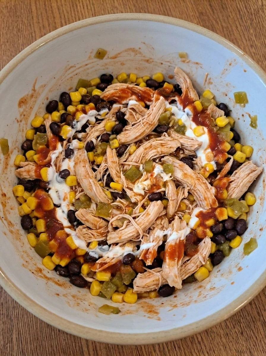 Chicken enchilada casserole filling mixed with sauce beans corn and chicken