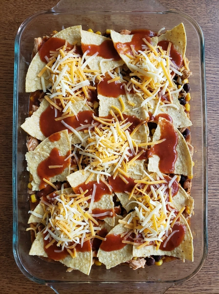 Assembled chicken enchilada casserole topped with shredded cheese before baking