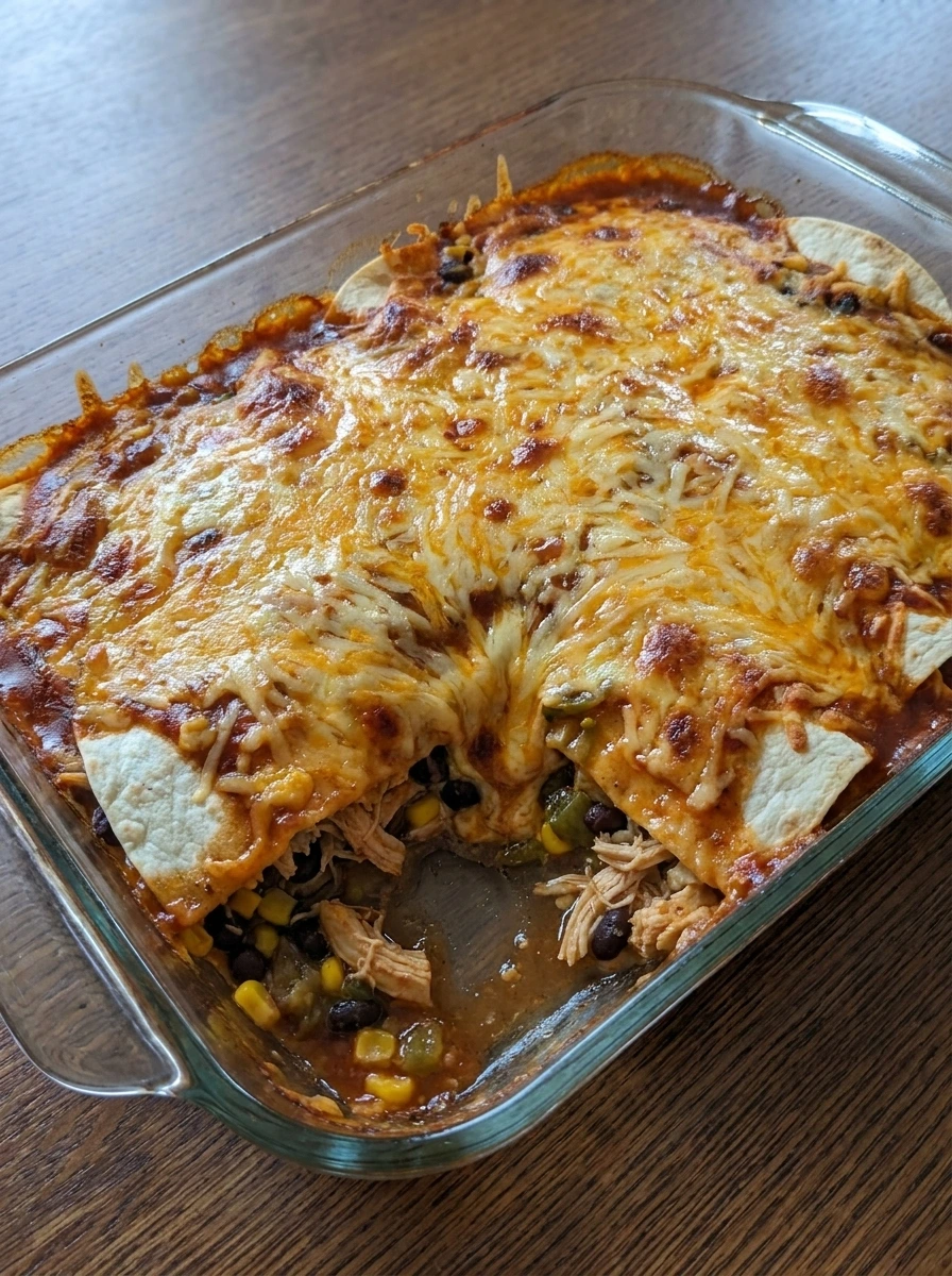 Baked chicken enchilada casserole with melted cheese and bubbling sauce