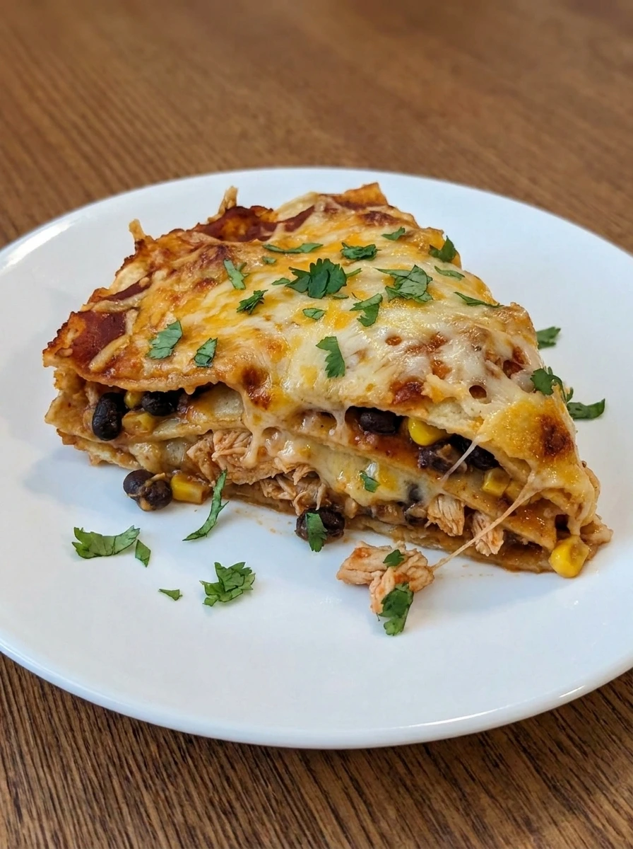 Served portion of Chicken Enchilada Casserole showing cheesy layers