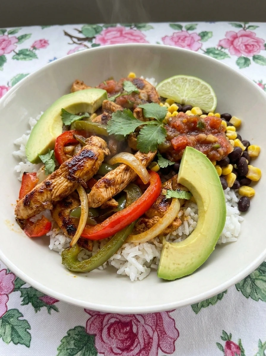 Chicken Fajita Bowl with rice browned chicken peppers onions beans corn avocado salsa and cilantro in a white bowl