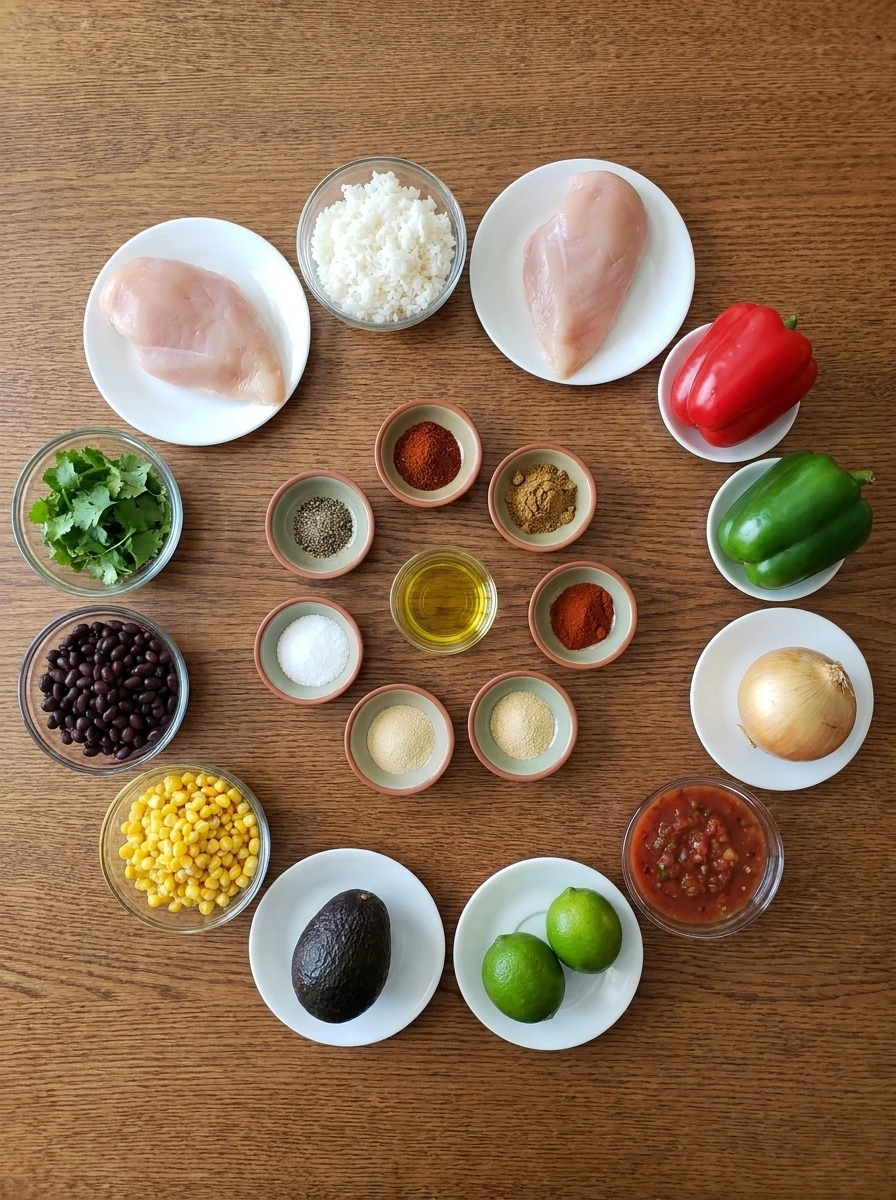 Ingredients for Chicken Fajita Bowl arranged in separate small containers