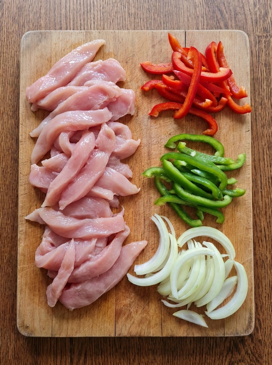 Sliced chicken peppers and onion for Chicken Fajita Bowl