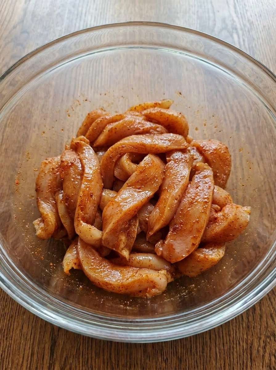 Seasoned chicken strips coated with fajita spices in a bowl