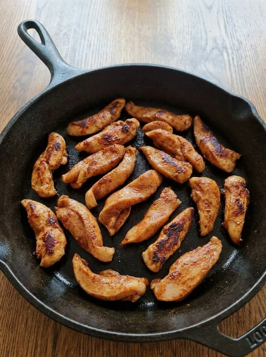 Browned chicken strips cooking for Chicken Fajita Bowl