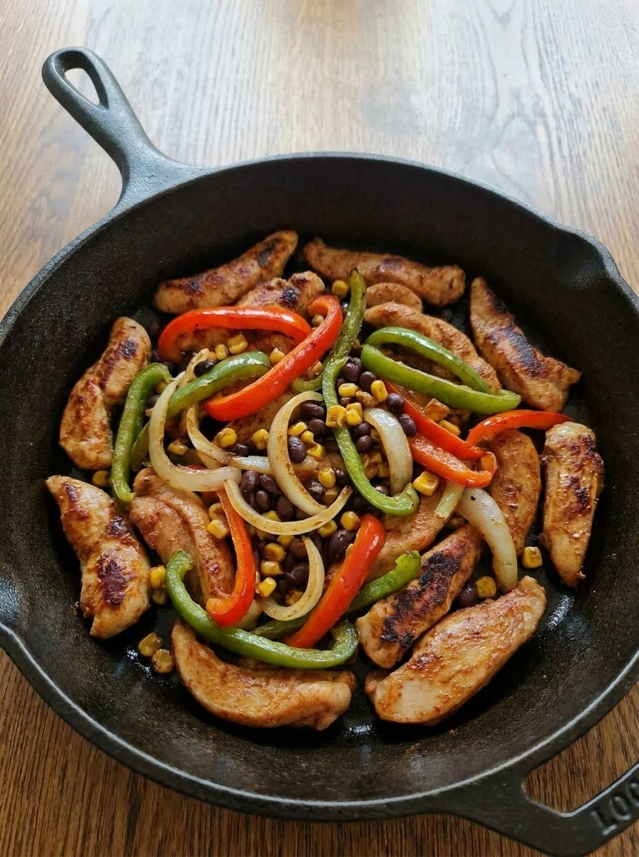 Cooked peppers onion beans and corn for Chicken Fajita Bowl