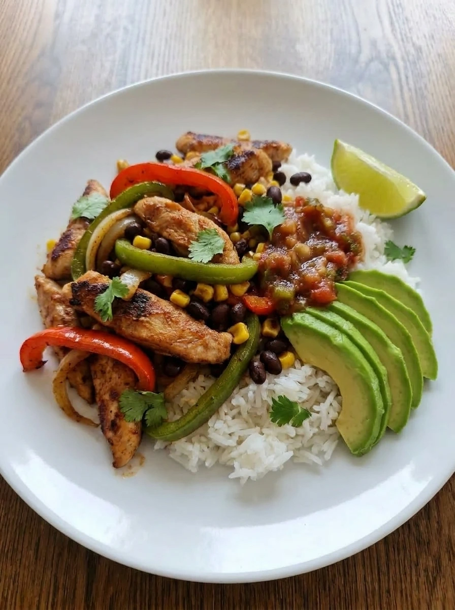 Assembled Chicken Fajita Bowl with rice chicken peppers beans corn avocado and salsa