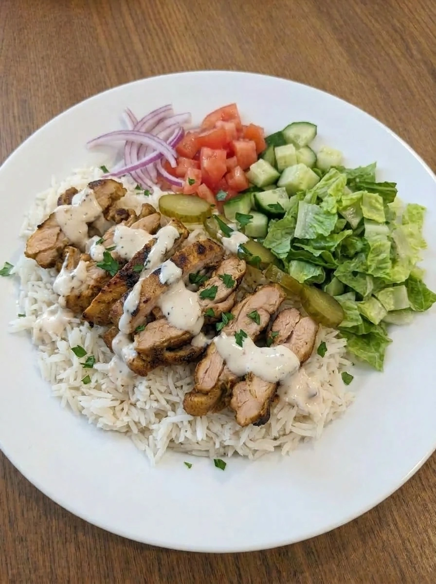 Chicken Shawarma Plate with browned chicken rice salad garlic sauce and pickles on a white plate