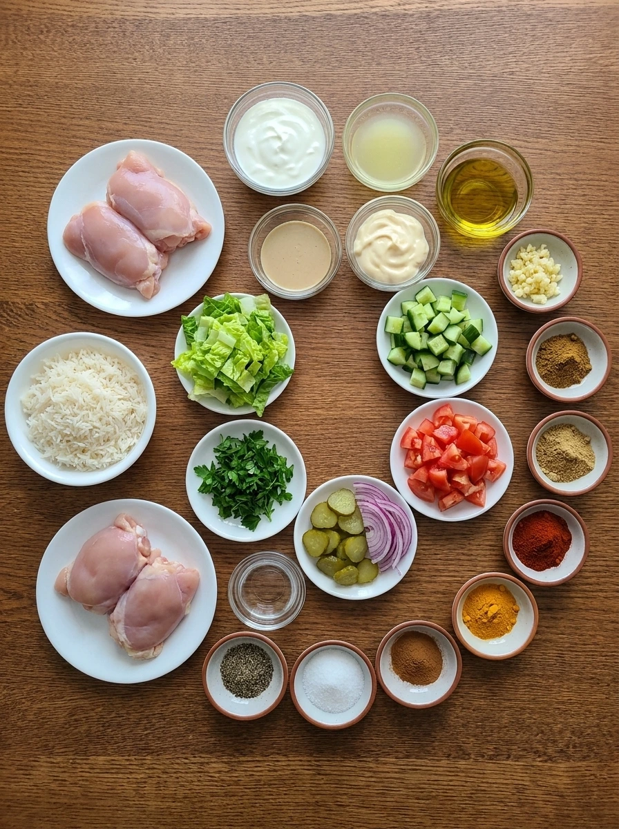 Ingredients for Chicken Shawarma Plate arranged in separate small containers