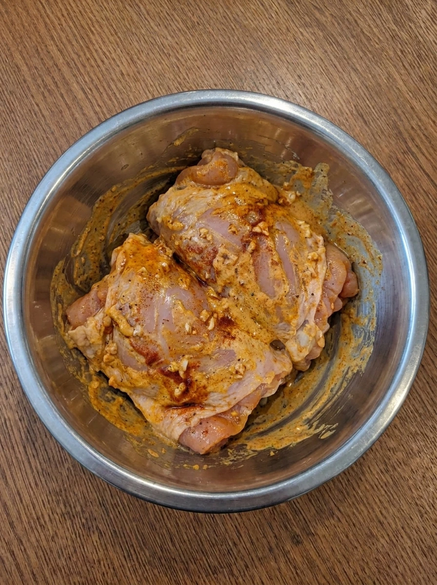 Chicken thighs coated in creamy shawarma marinade