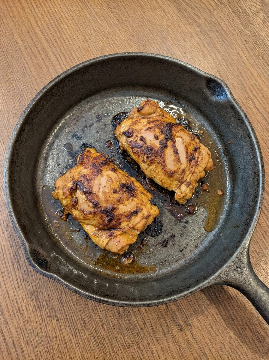 Marinated chicken browned with caramelized edges for shawarma plate