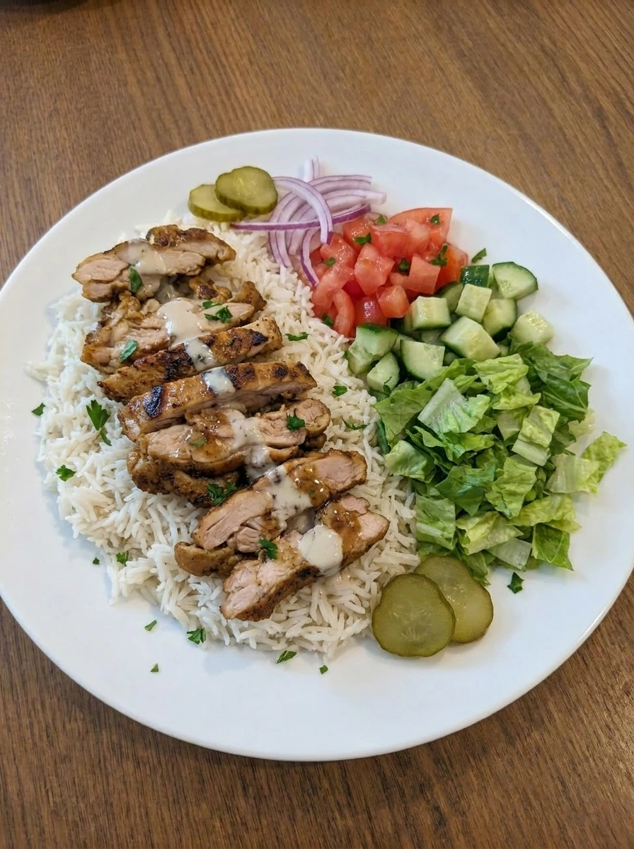 Finished Chicken Shawarma Plate with sauce pickles and parsley
