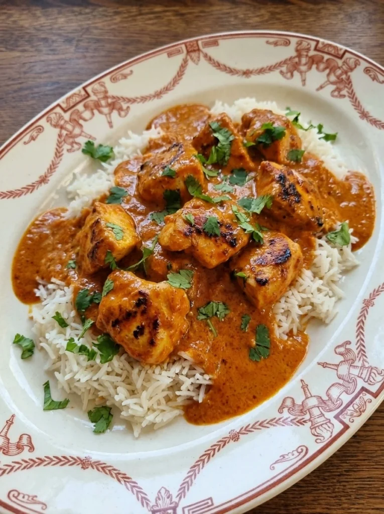 Chicken Tikka Masala served over basmati rice on a white plate with creamy tomato sauce and cilantro.