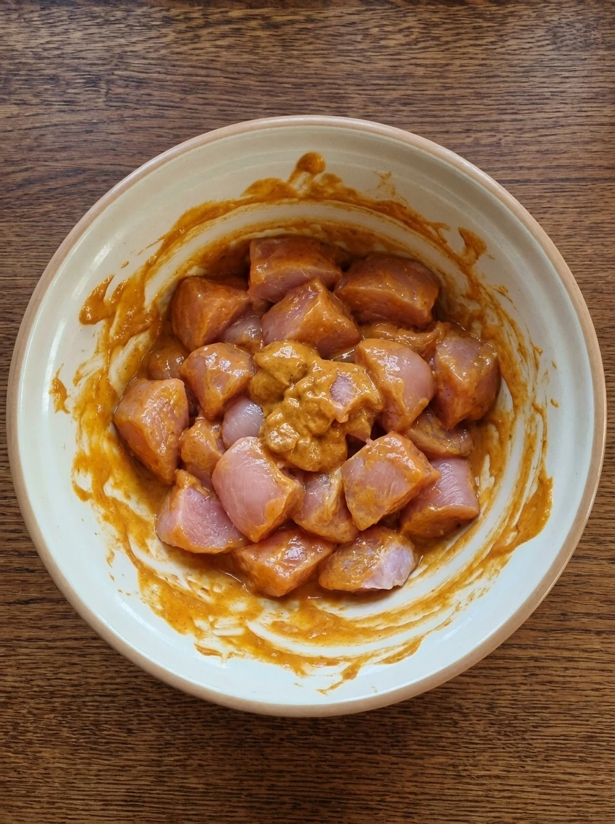 Chicken pieces coated in orange yogurt marinade for Chicken Tikka Masala.
