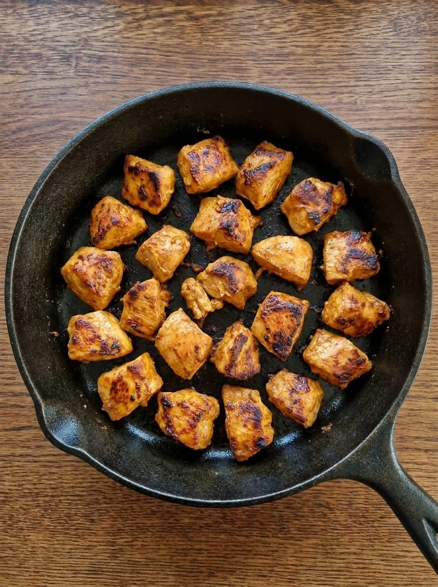 Chicken pieces cooking until lightly browned for Chicken Tikka Masala.