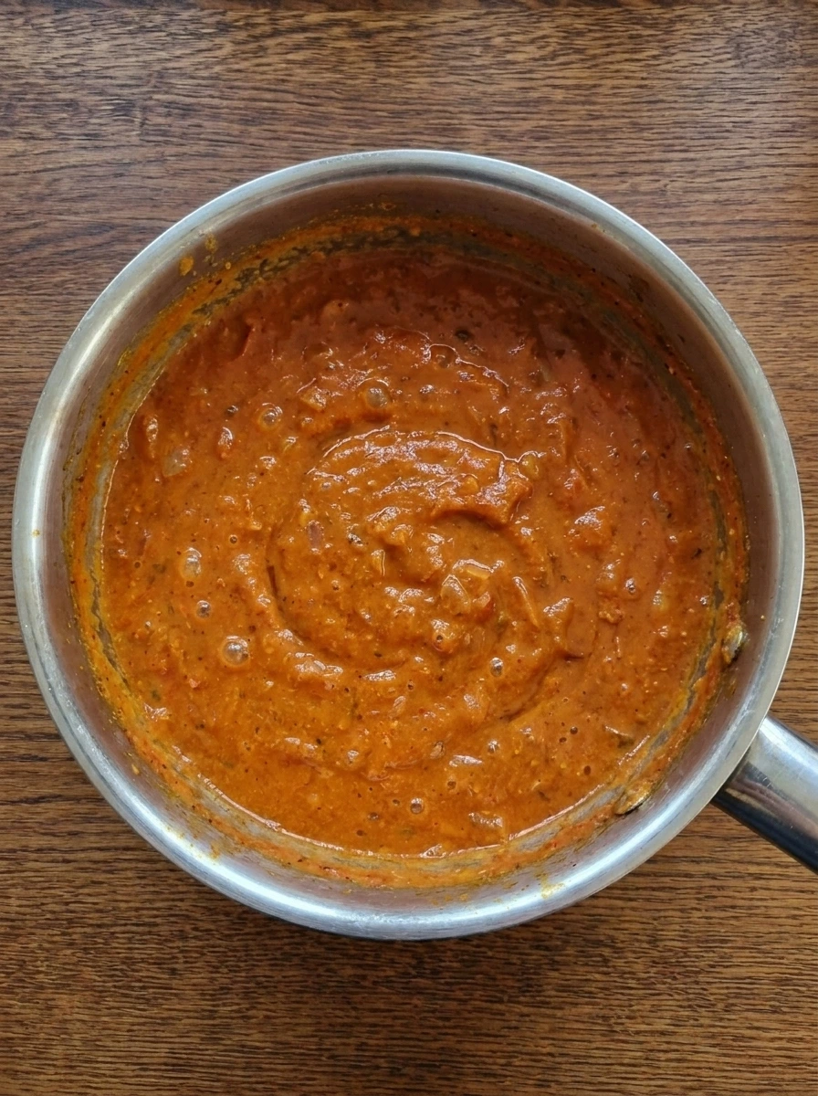Tomato masala sauce thickening in a saucepan for Chicken Tikka Masala.