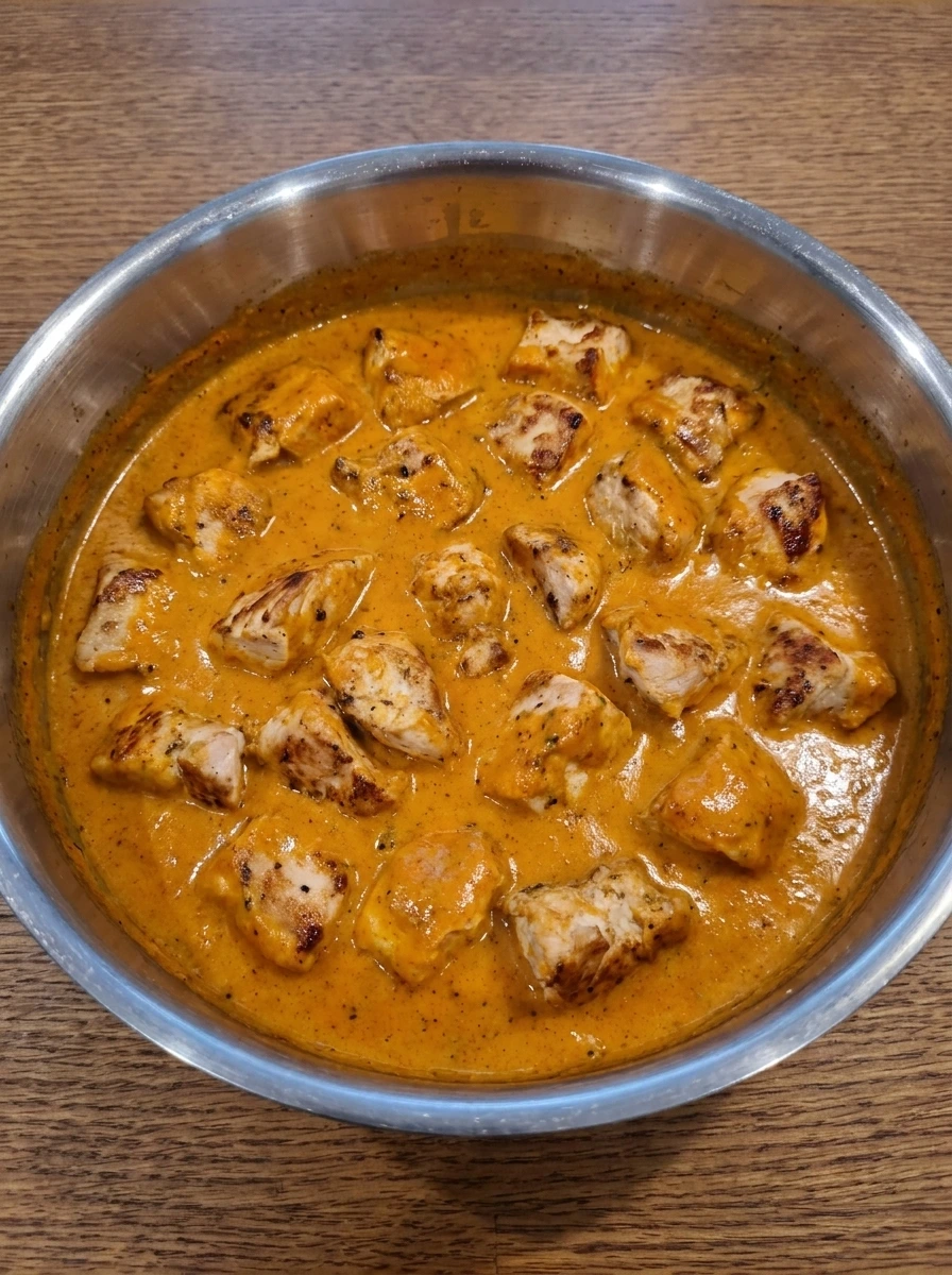 Chicken coated in creamy tomato masala sauce for Chicken Tikka Masala.