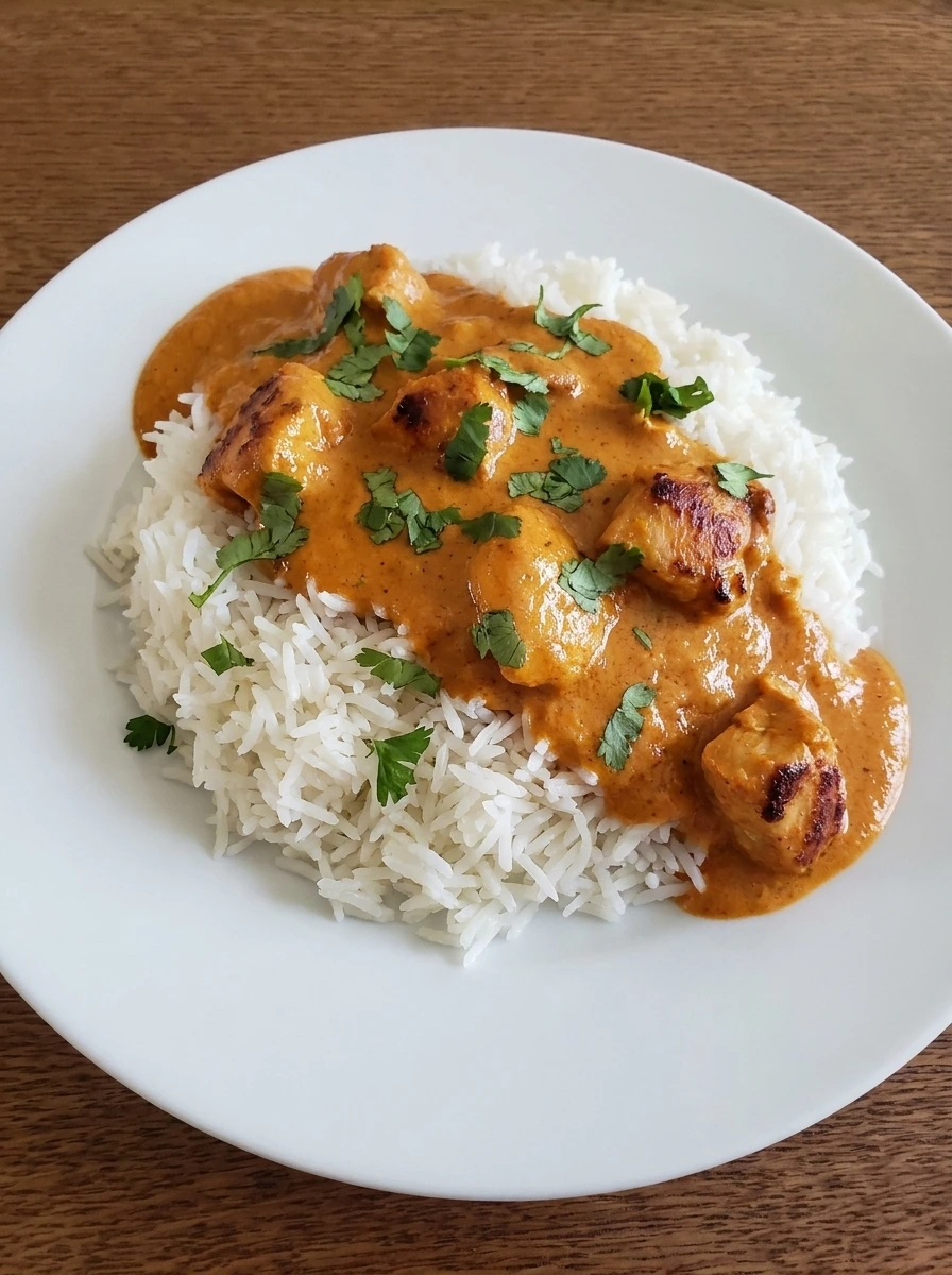 Plated Chicken Tikka Masala over rice with cilantro.