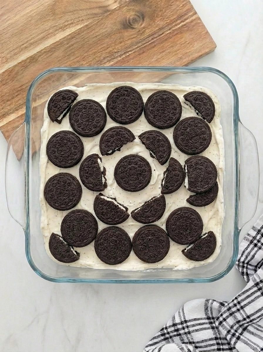 Chilled Oreo icebox cake ready to decorate.