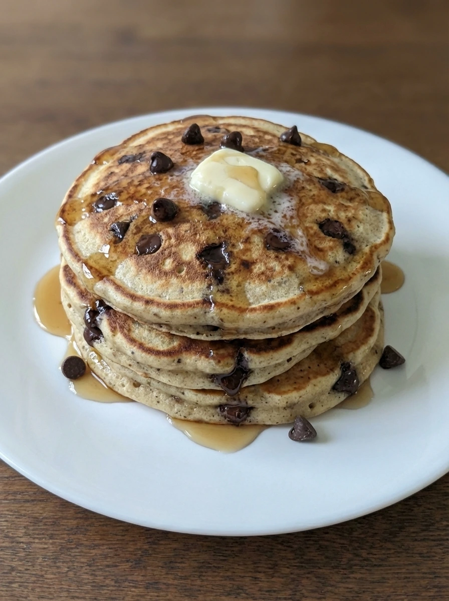 Chocolate Chip Pancakes stacked on a white ceramic plate with melted chocolate and maple syrup