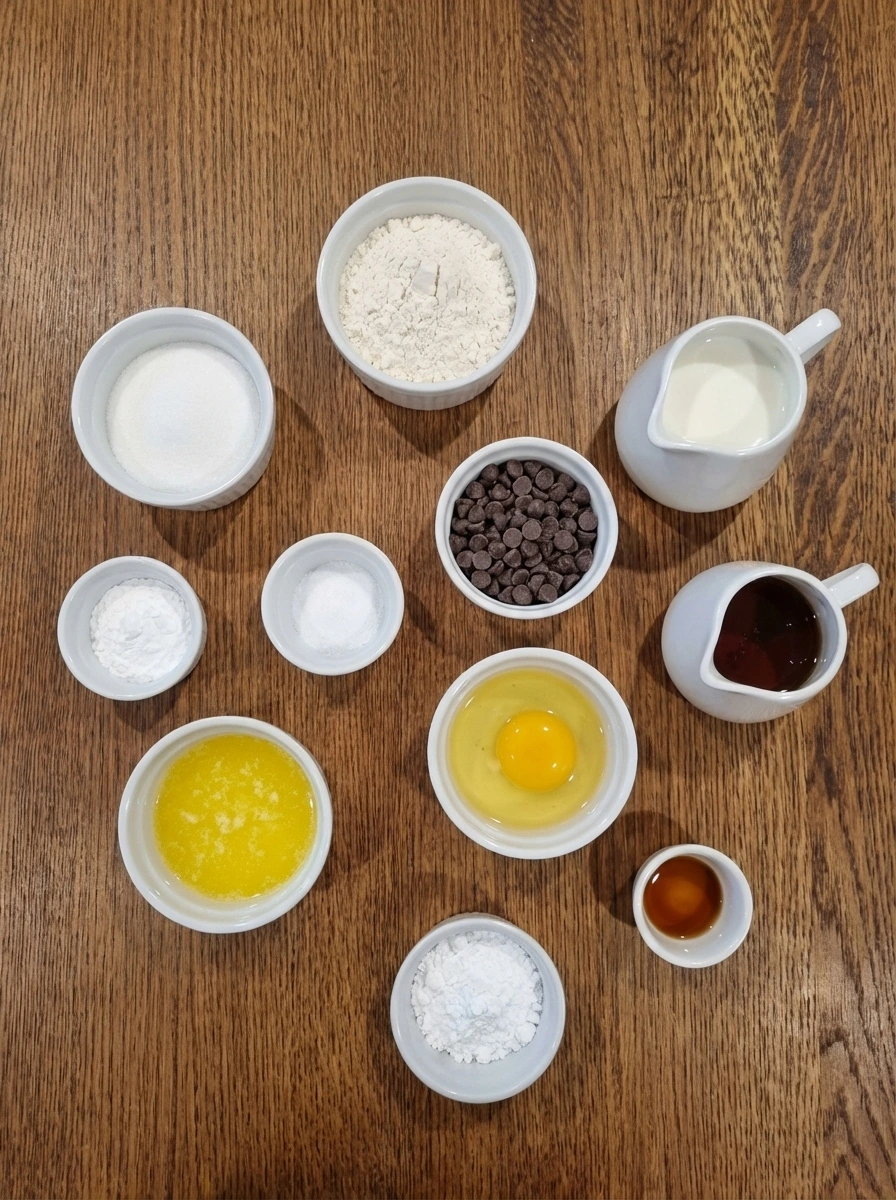 Ingredients for Chocolate Chip Pancakes in separate small white containers