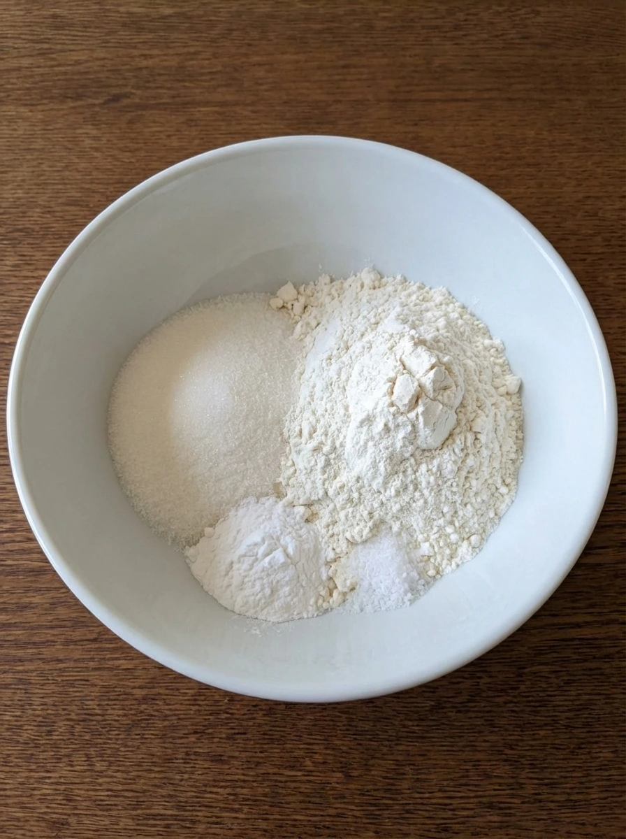 Measured dry ingredients in a white bowl for Chocolate Chip Pancakes