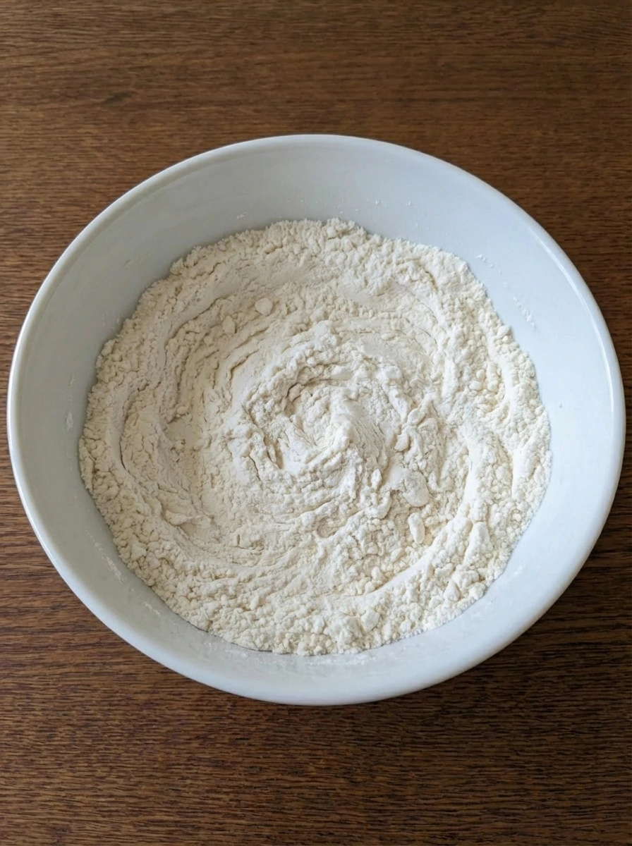 Dry pancake mixture blended in a white bowl