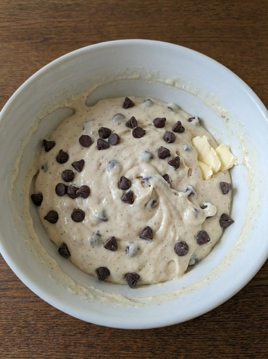 Chocolate chips folded into pancake batter in a white bowl